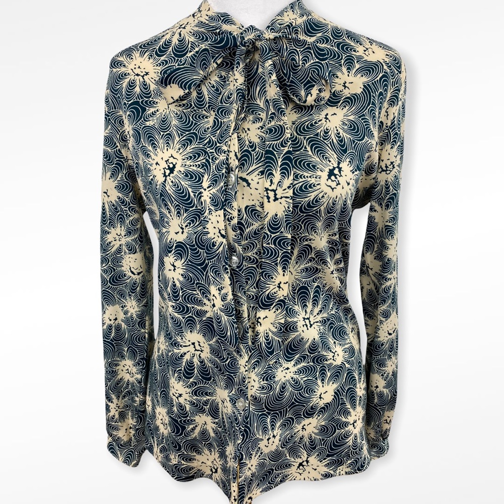 Vintage 70’s Green Ivory Abstract Floral Print Tie Neck Button Down Shirt XS/S